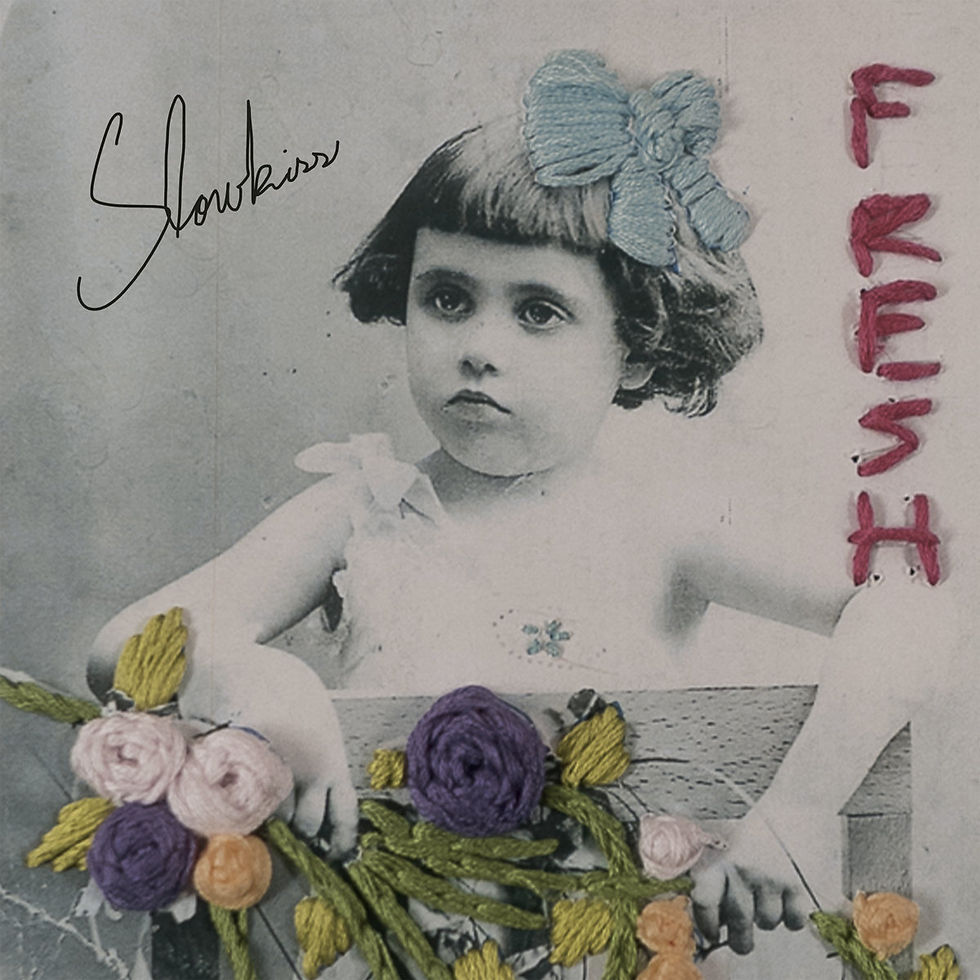 Vintage-style collage of a serious little girl with embroidered flowers and the word FRIENDS in pink letters on a gray background