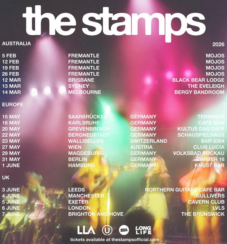Concert tour poster for "The Stamps" 2026. Lists tour dates and locations in Australia, Europe, and the UK. Background features colorful stage lights.