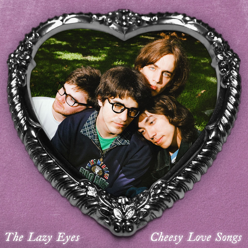 Four young men pose in a heart-shaped frame on purple, with text The Lazy Eyes and Cheesy Love Songs below, soft nostalgic mood