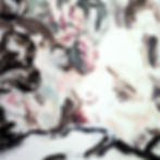 Abstract painting with bold black, brown, pink, and gray brushstrokes on a white canvas, creating a chaotic textured pattern.