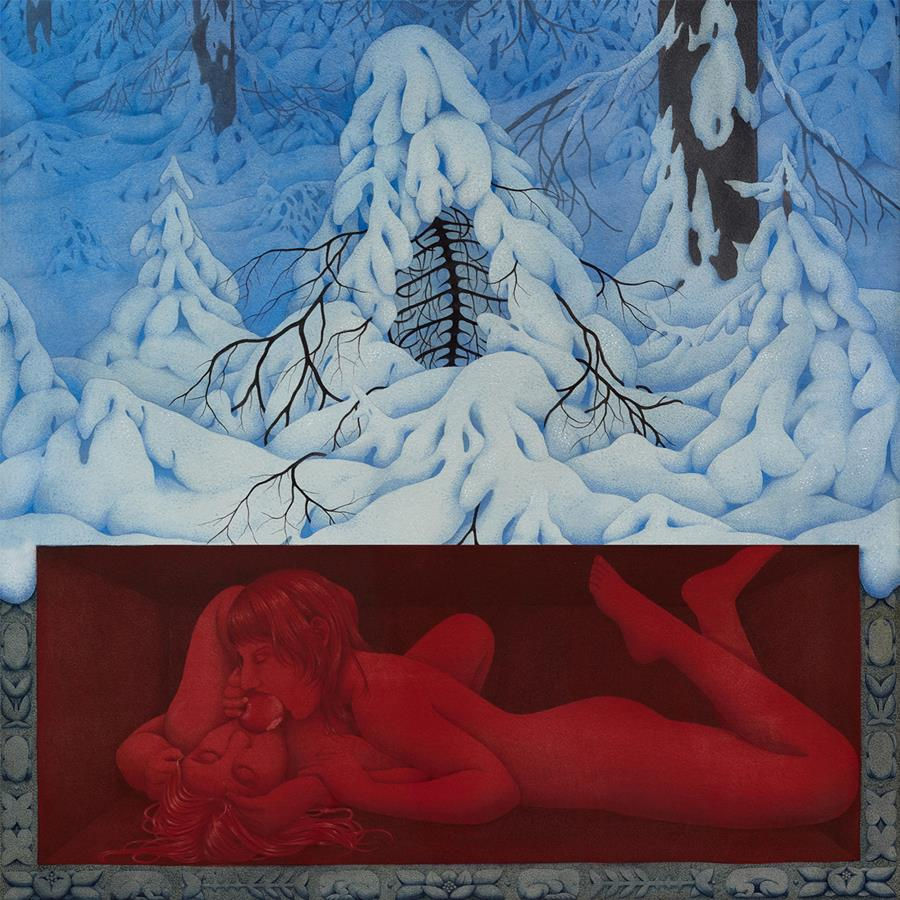 Surreal split image: snow-laden blue forest above, and a red-toned nude couple embracing in a dark framed panel below.