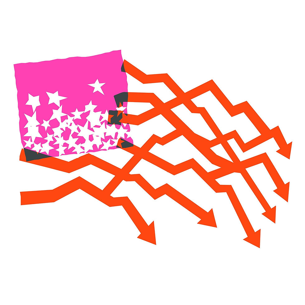 Abstract graphic of a pink starry flag with orange zigzag arrows crossing on a white background