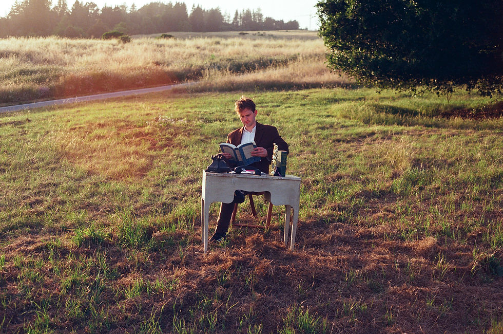 Man in a suit reads at a desk on a grassy field, surrounded by nature. Sunlight casts a warm glow, creating a serene mood.