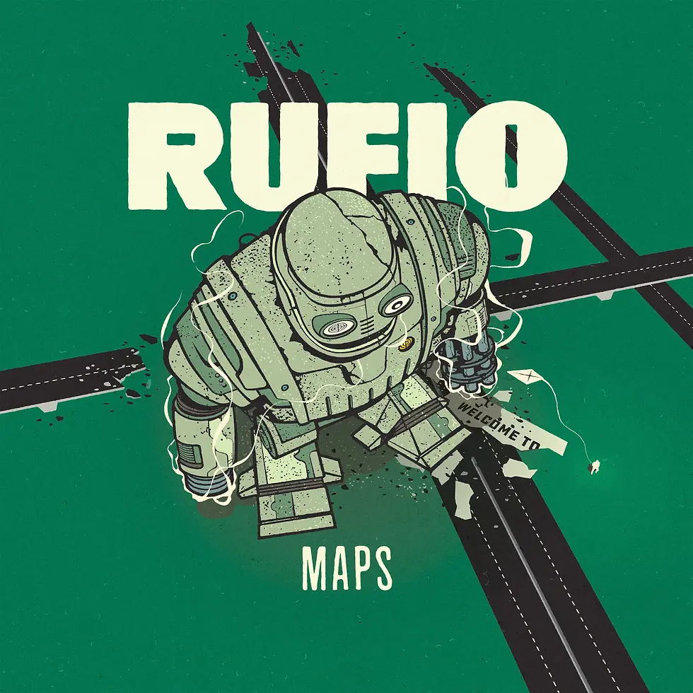 Retro poster of a green robot over cracked roads, with bold text RUFIO and MAPS on a teal background, gritty and sci-fi.