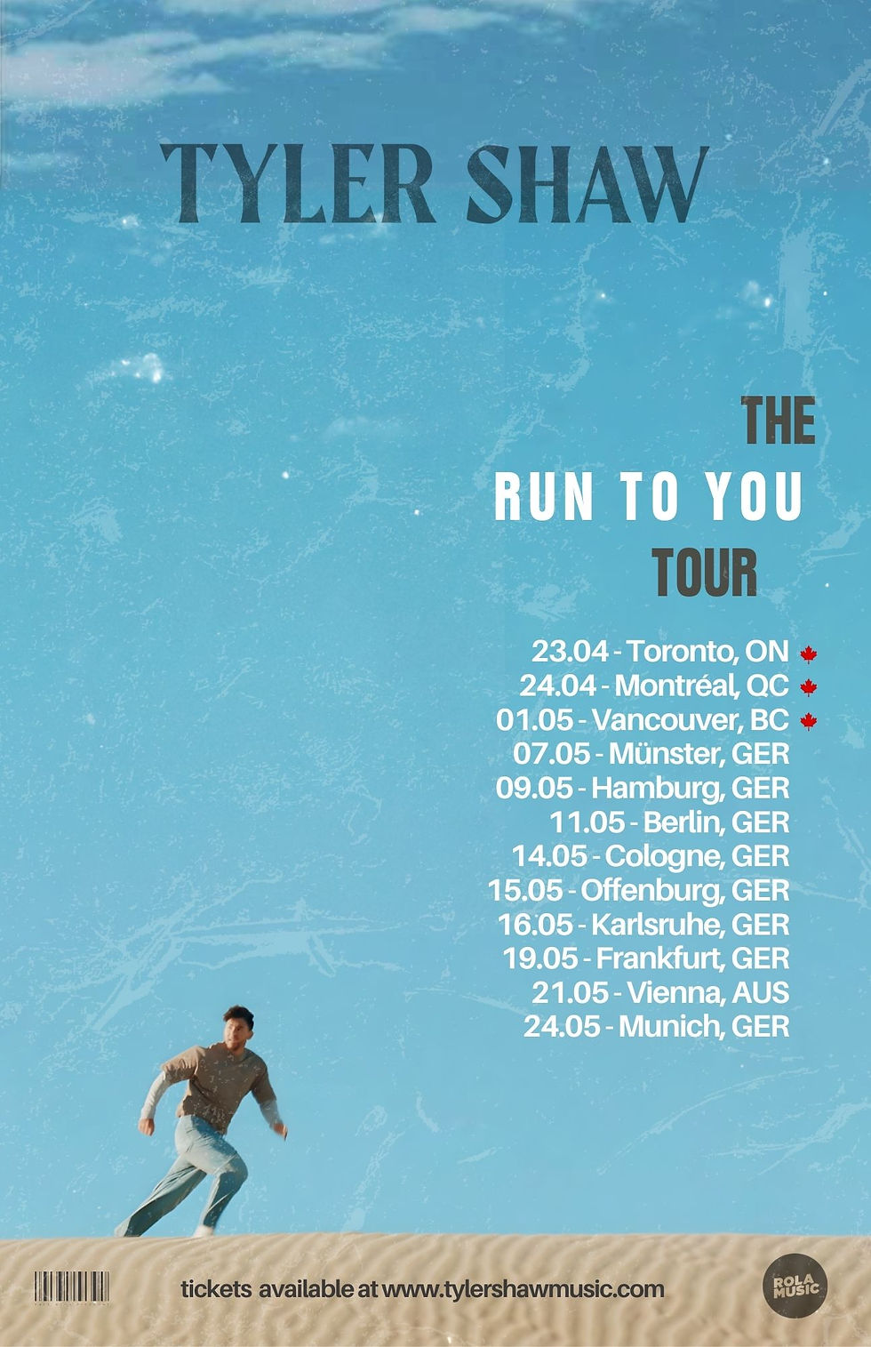 Man running on sand under blue sky. "TYLER SHAW" and "THE RUN TO YOU TOUR" text. Tour dates and locations listed. Tickets info below.