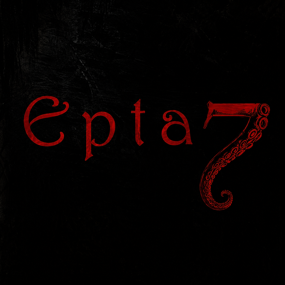 Red stylized Epta 7 text on a black textured background, with the 7 shaped like an octopus tentacle.