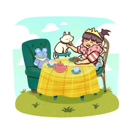 Spot illustration of a girl, her white cat, and purple plush bear having a tea party outside. They’re all sat on different types of chairs around a round table with a yellow plaid table cloth on top.