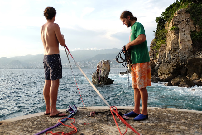 Slacklining Paradise features adventurous athletes crossin an unusual slack line rig over the Pacific Ocean in Acapulco Mexico. Photo by Rodrigo Gaya/Gayaman Visual Studio, LLC. All rights reserved.