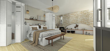 Chambre à coucher élégante avec lit, banc et mur en pierre