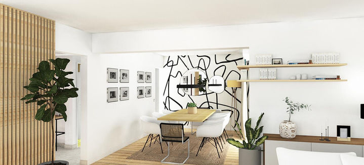 Salle à manger moderne avec mur d'art abstrait