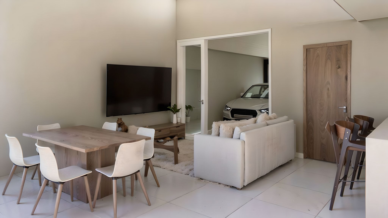 Para atender às demandas do casal, uma casa térrea com três dormitórios e uma área social em um terreno de 140m², integramos sala de estar, jantar e cozinha em um único espaço. Harmonizamos a área gourmet e o jardim de inverno, satisfazendo o desejo da futura moradora. A inclusão de uma ampla abertura na sala conecta à garagem, expandindo a área de convivência. Resulta em um ambiente versátil e visualmente espaçoso, ideal para encontros e eventos, atendendo plenamente às necessidades do casal.