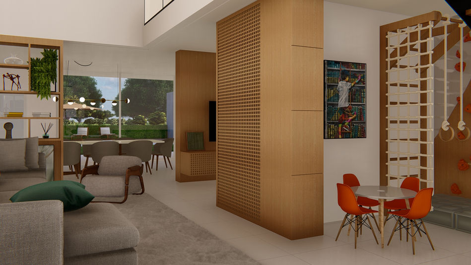 Proporcionamos um ambiente acolhedor e em sintonia com a personalidade dos moradores, buscando também integrar os espaços e criar uma unidade fluida que permitisse a interação entre os diferentes ambientes da residência. O desafio incluiu ainda a incorporação de uma parede de escalada na pequena brinquedoteca, um pedido especial do filho mais novo, sem comprometer a estética ou a unidade visual dos demais ambientes.