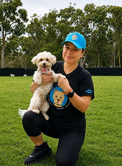 Monica and dog smiling