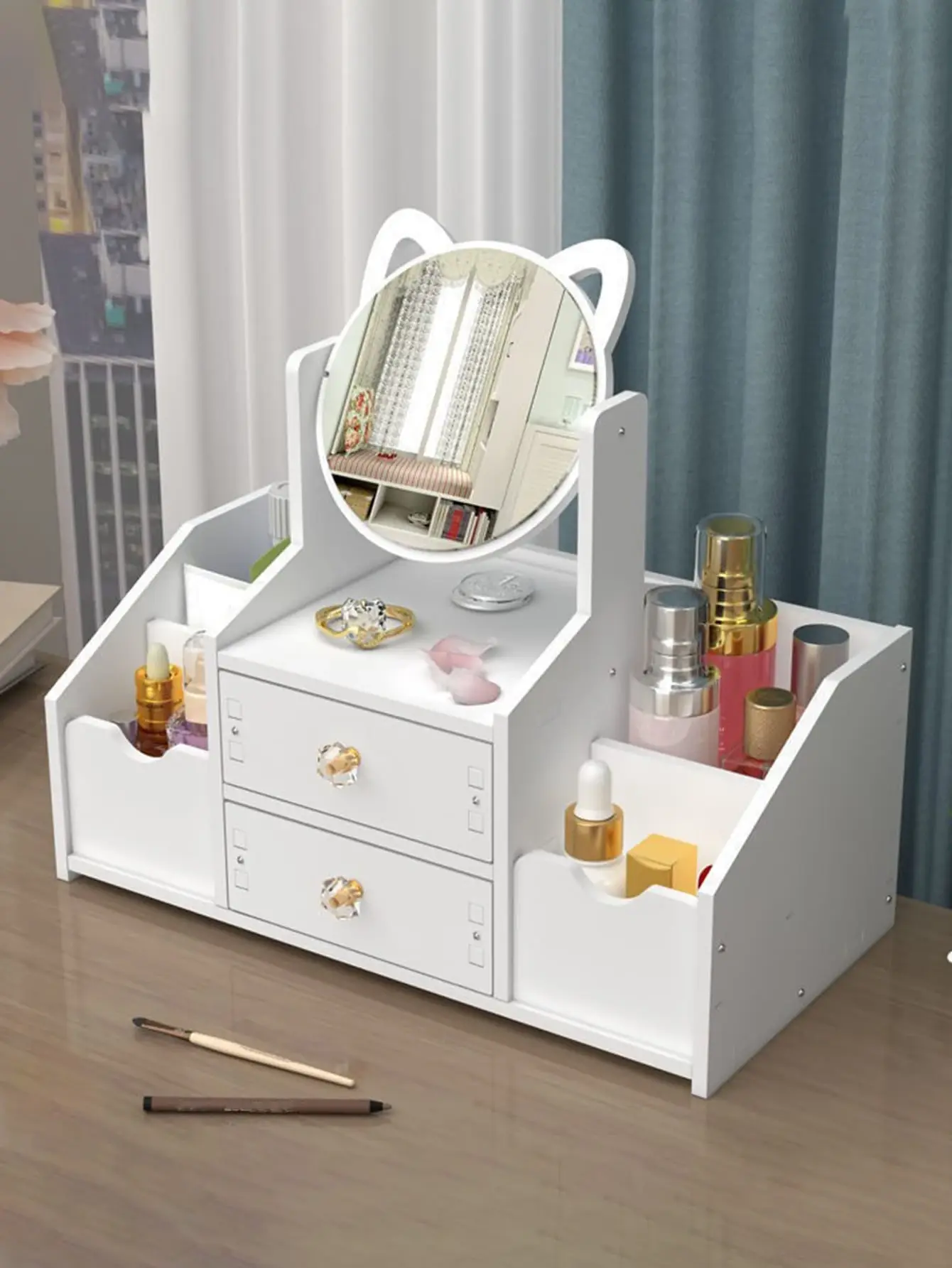 1pc High-End Luxurious White Wooden Makeup Organizer With Large Capacity, Multi