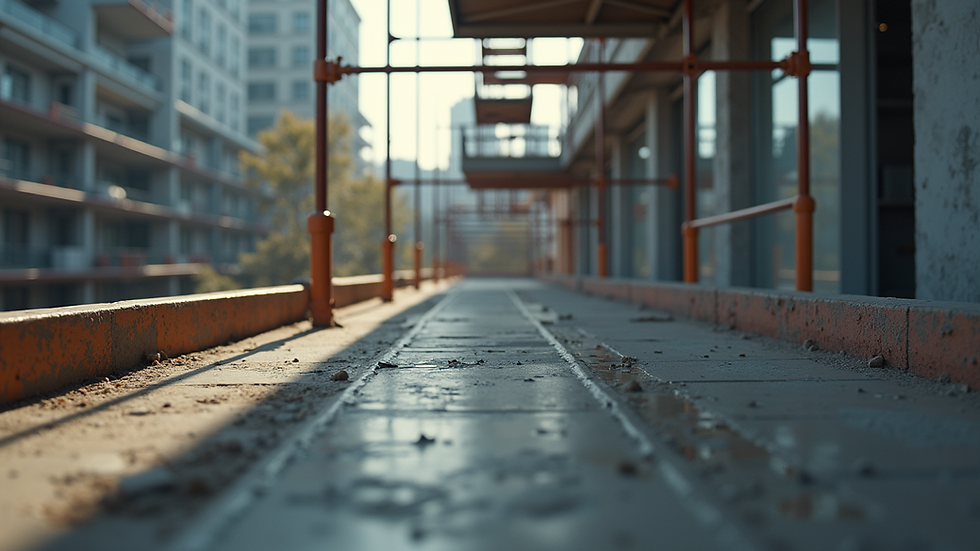 Close-up view of a construction site with scaffolding and safety equipment