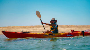 Woman paddling a kayak along a sandbank in Round Hill Creek