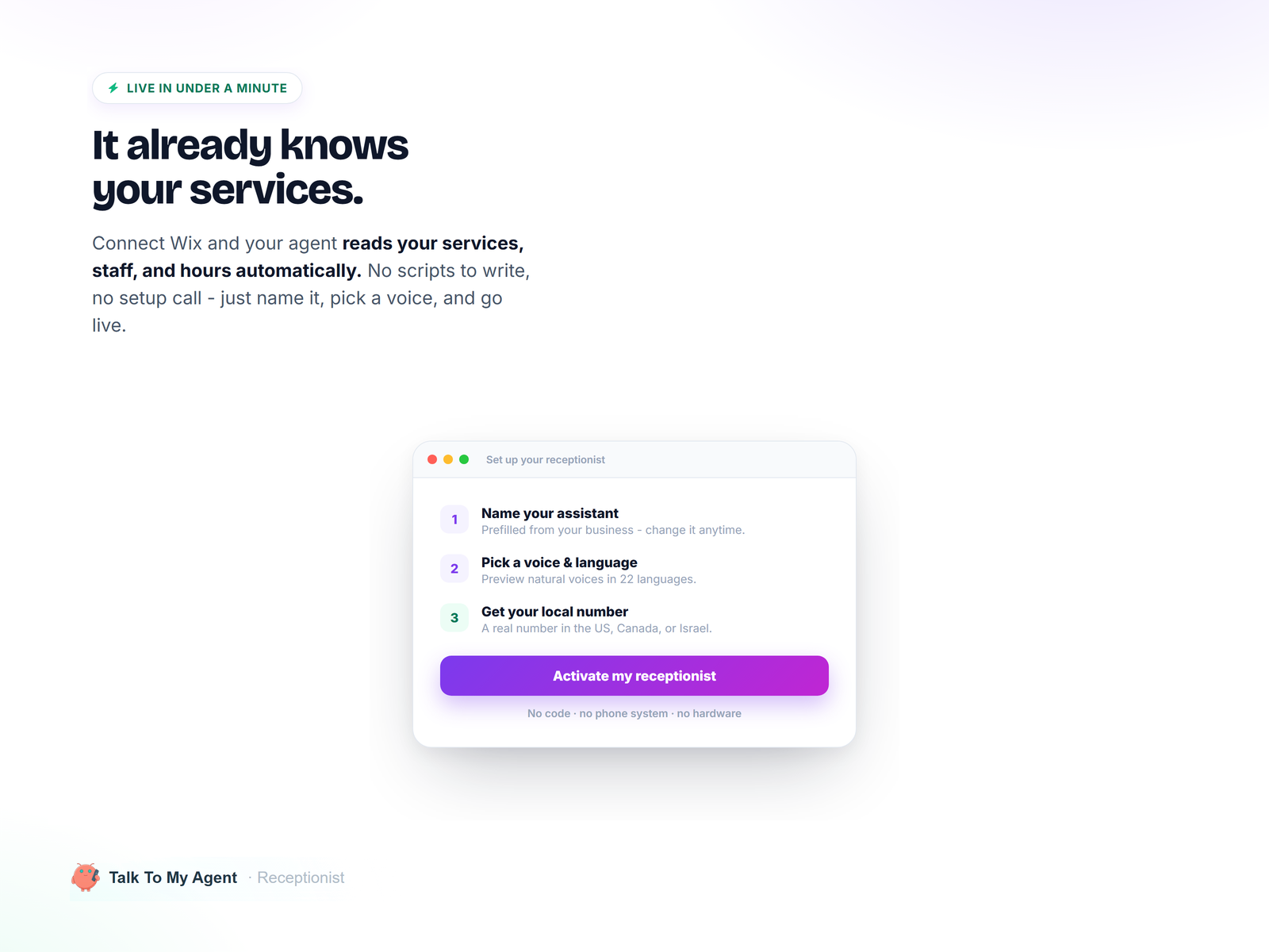 Talk To My Agent Receptionist mobile preview — Phone app on the Wix App Market