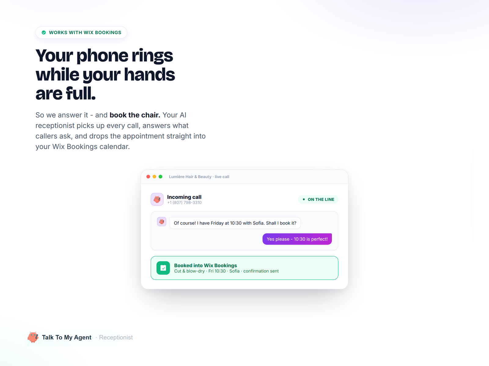 Talk To My Agent Receptionist integration setup — Phone app on the Wix App Market