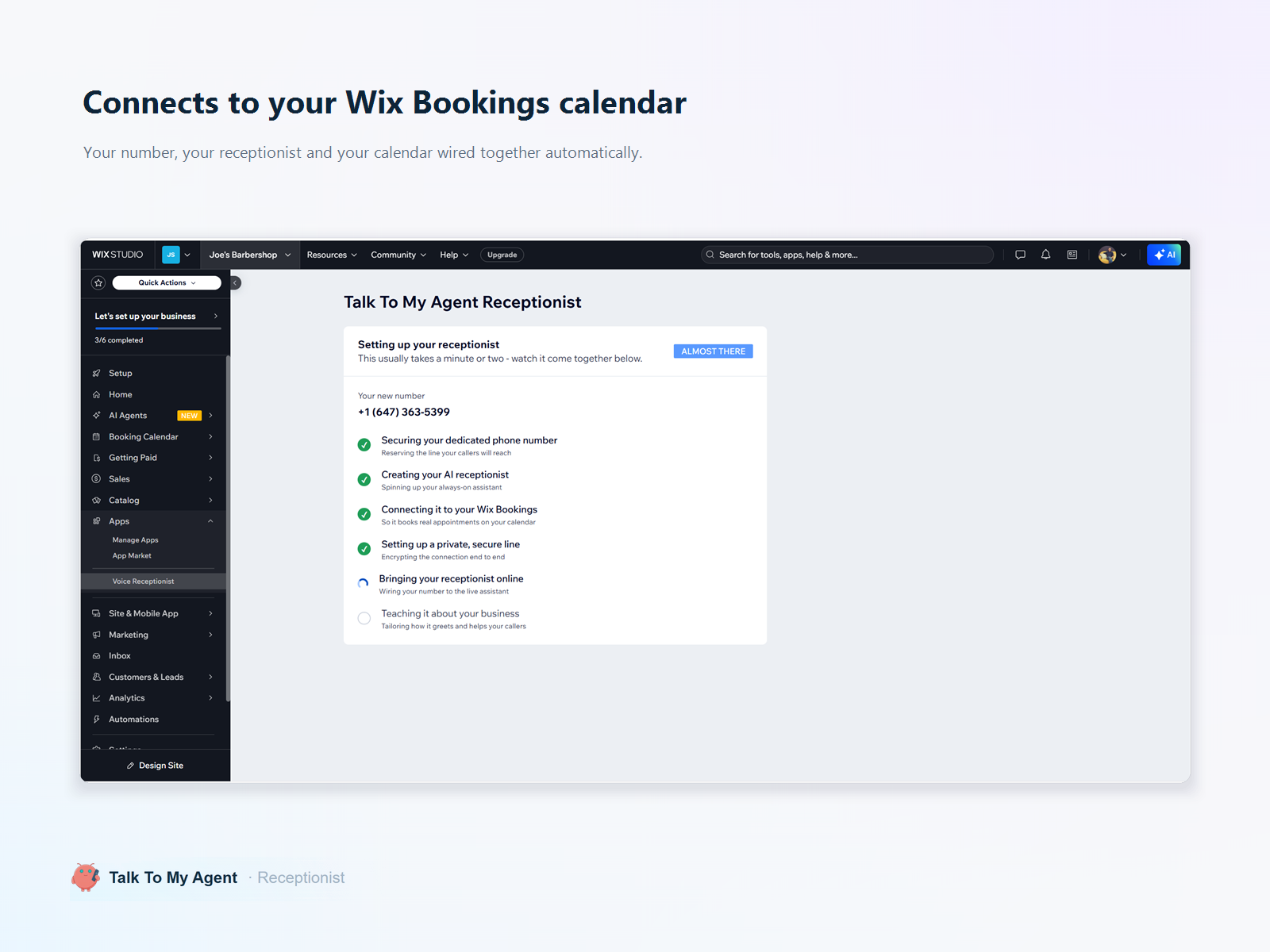 Talk To My Agent Receptionist feature detail — Phone app on the Wix App Market
