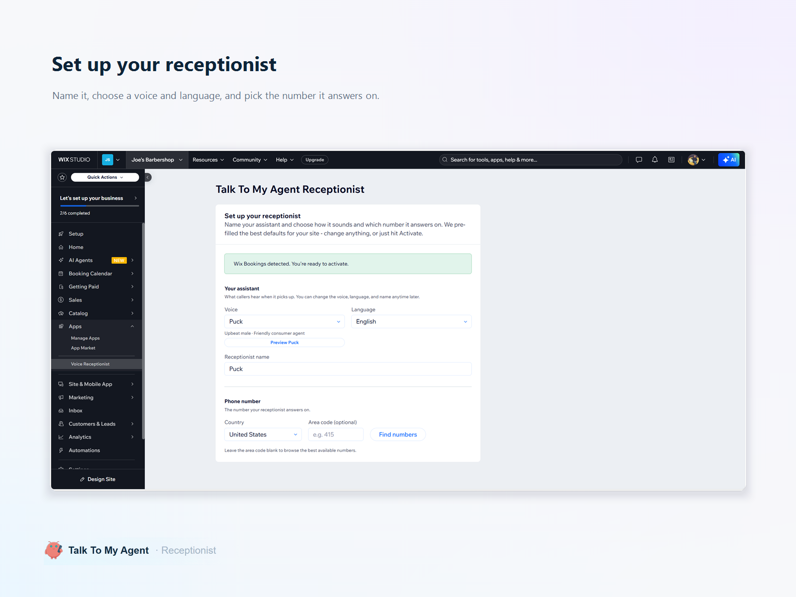 Talk To My Agent Receptionist dashboard view — Phone app on the Wix App Market