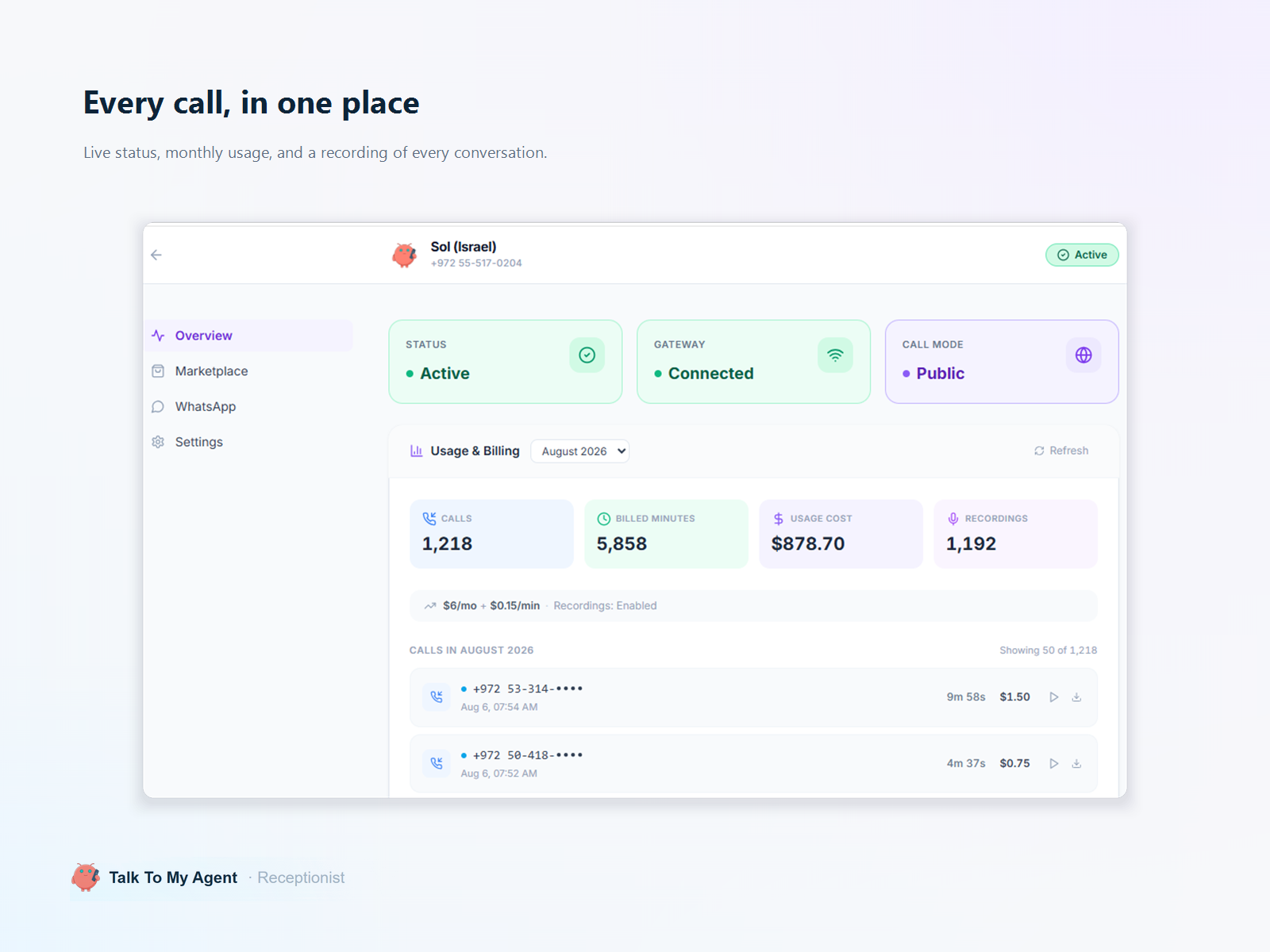 Talk To My Agent Receptionist settings interface — Phone app on the Wix App Market