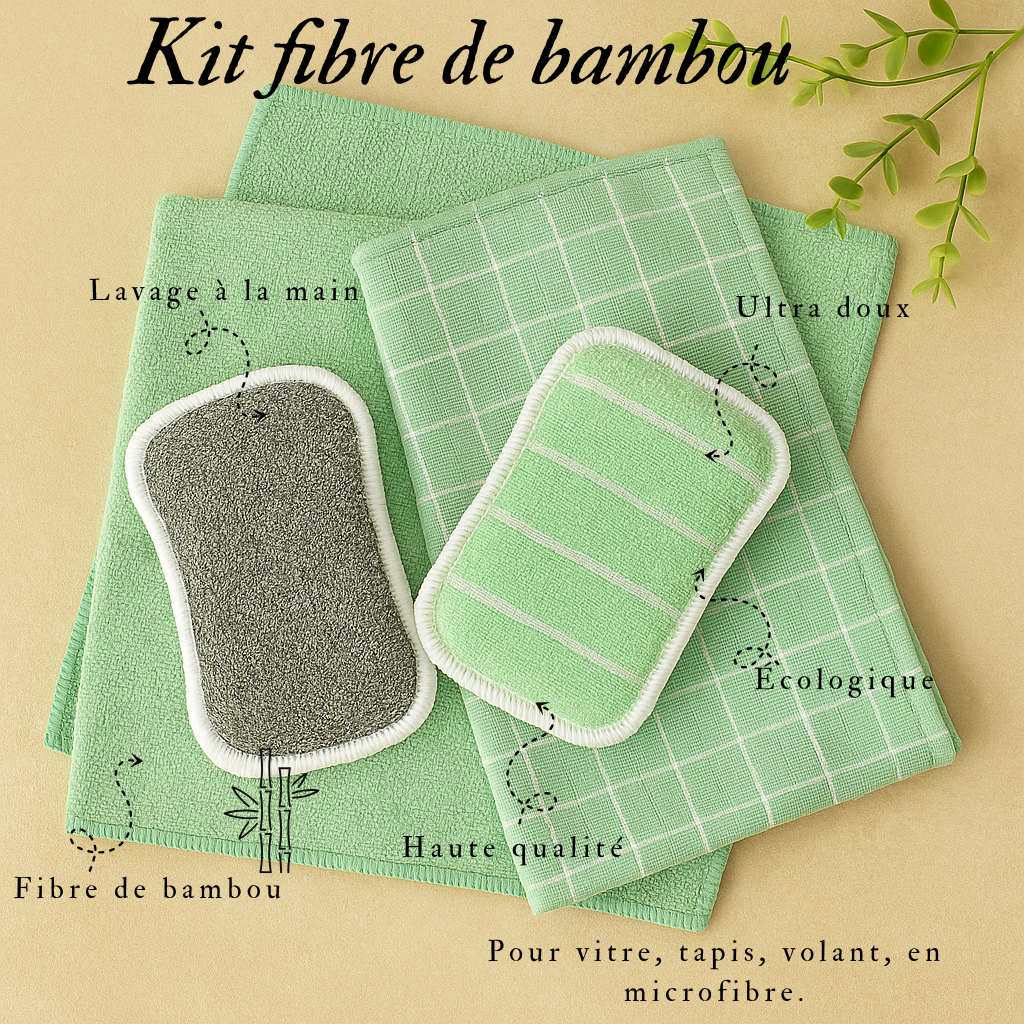Kit Ménage Doux en Fibre de Bambou – Vitres, Tapis, Vaisselle