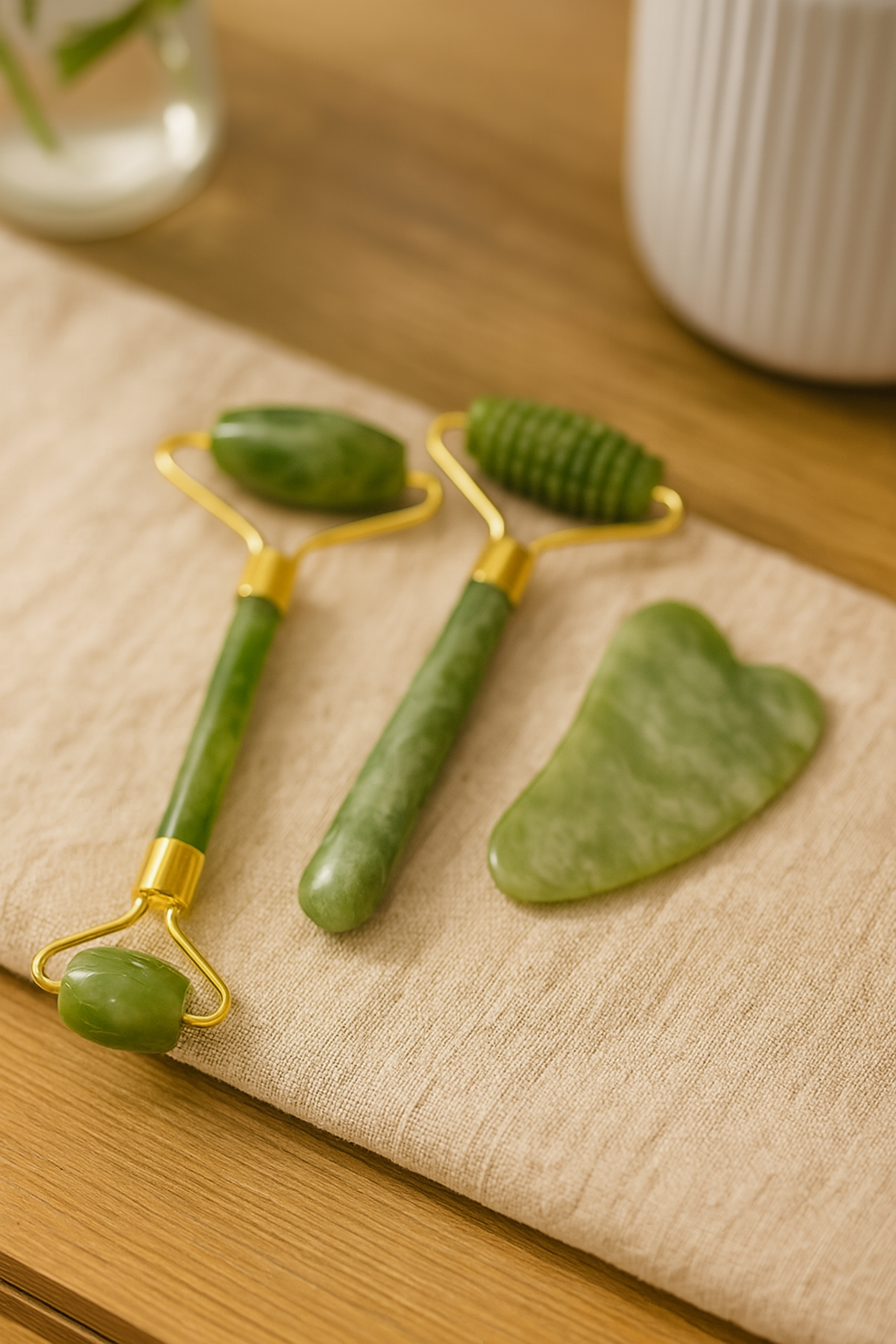 Trio massage jade – Rouleaux & Gua Sha pour une peau détendue et lumineuse