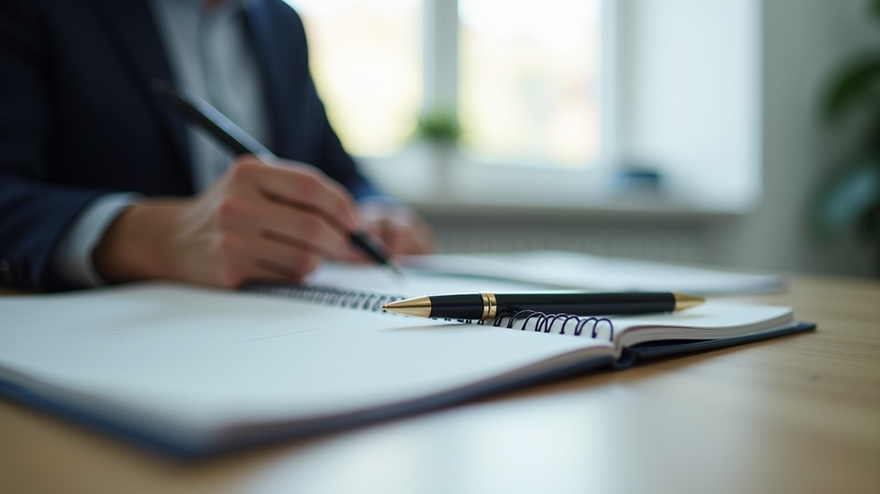 Close-up view of a therapist's desk with a notebook and pen