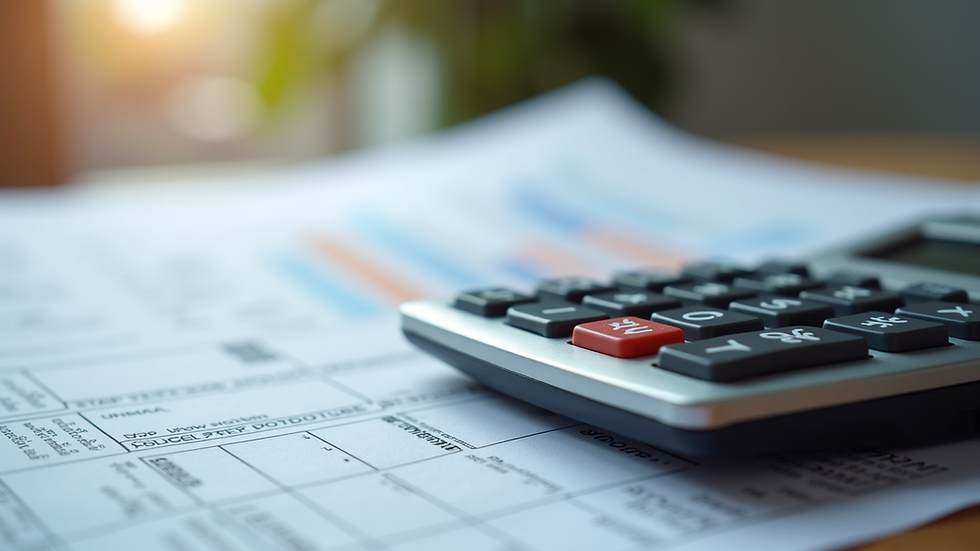 High angle view of a calculator and tax documents