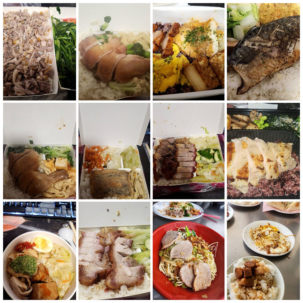 28歲女性減重期間的外食便當紀錄，包含雞肉、魚類、蔬菜、米飯與蛋白質搭配