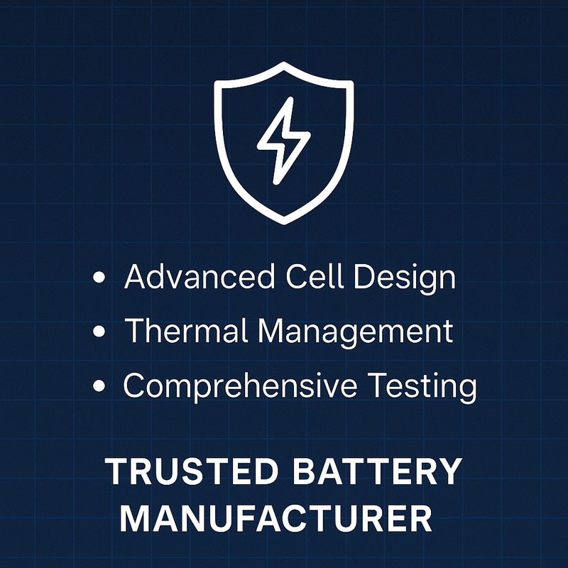 “Battery safety infographic featuring shield icon and key Ampace features such as thermal management, advanced cell design, and rigorous testing standards.”