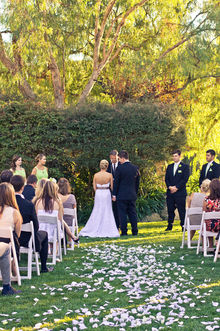Bride and groom at their outdoor ceremony in San Diego private home.