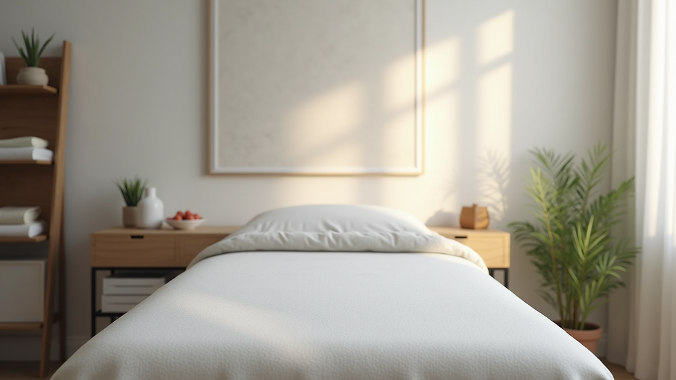 Eye-level view of a calm osteopathy consultation room with a treatment table