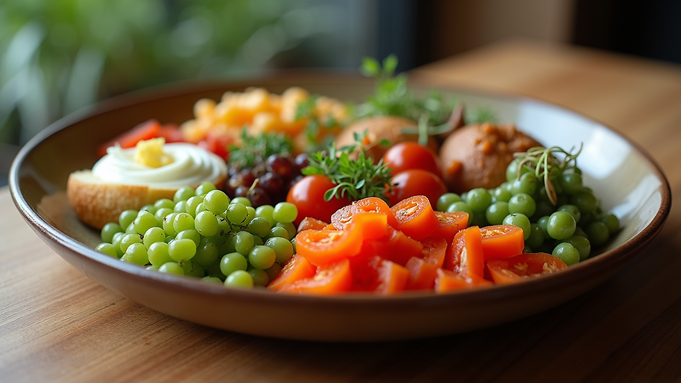 Eye-level view of a beautifully arranged platter with fresh regional ingredients