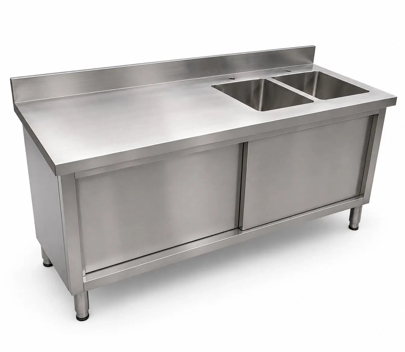 Commercial Stainless Steel Double Sink Cabinet with Sliding Doors & Prep Counter