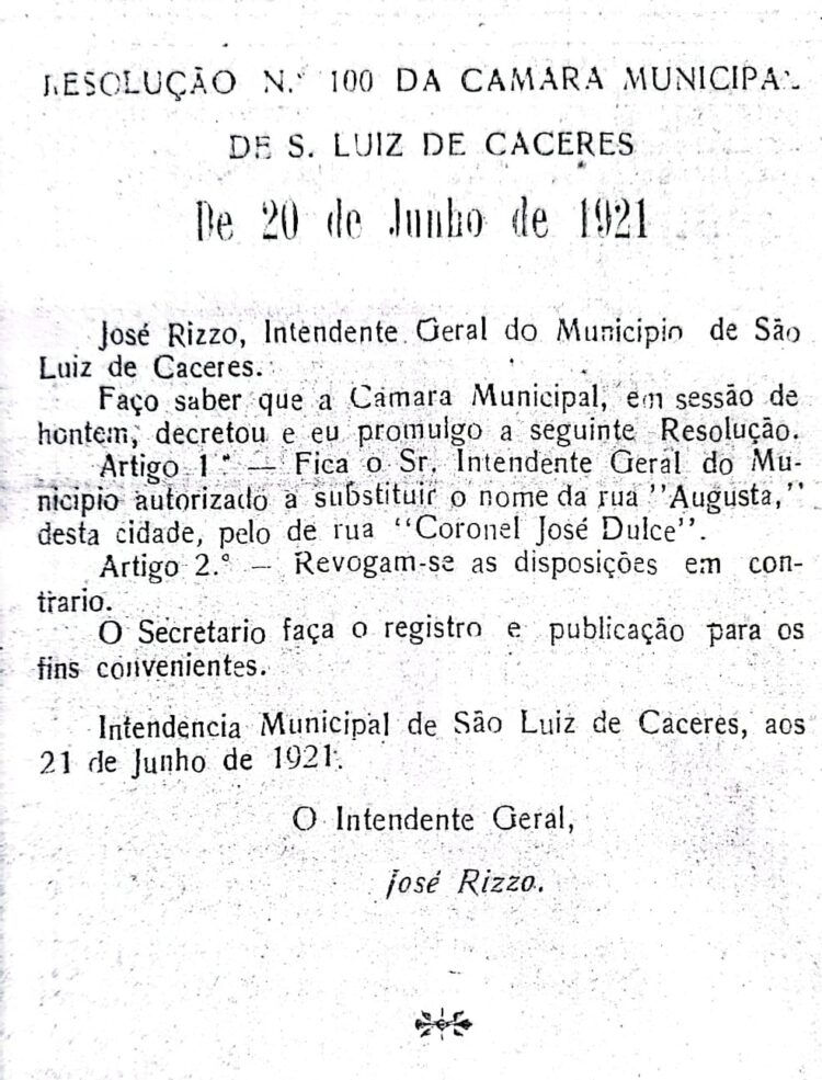 Resolução nº 100 assinado pelo Intendente Municipal de São Luiz de Cáceres, José Rizzo – Acervo: Adriano Araújo – LMUF