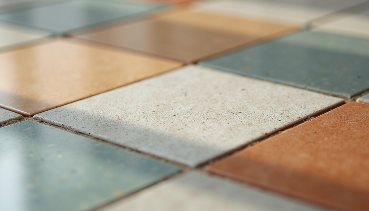 Close-up view of various ceramic tiles arranged by color and texture
