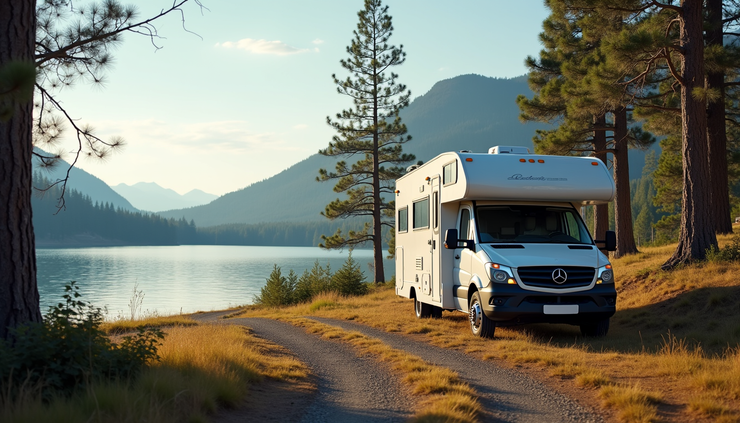 Eye-level view of a spacious RV parked beside a serene lake surrounded by pine trees