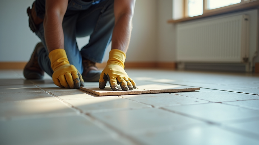 Eye-level view of a worker laying ceramic tiles on a floor