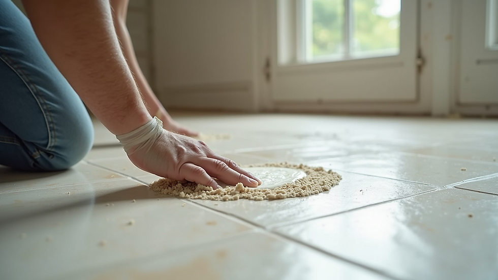 Close-up view of tile adhesive being spread on a floor surface
