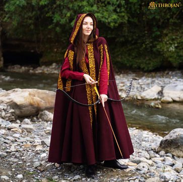 Medieval wool cloak with hood and brass closure, embroidered LARP and Renaissance fair costume cloak