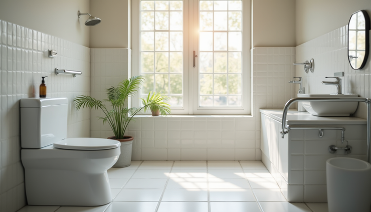 Eye-level view of a wheelchair-accessible home bathroom with grab bars and non-slip flooring