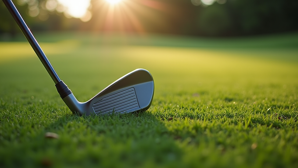 High angle view of a hybrid golf club resting on grass