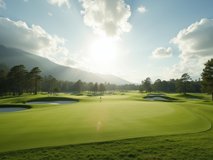 A golfer enjoys a serene day on the lush green golf course, surrounded by towering trees and picturesque mountains under a bright, clear sky.