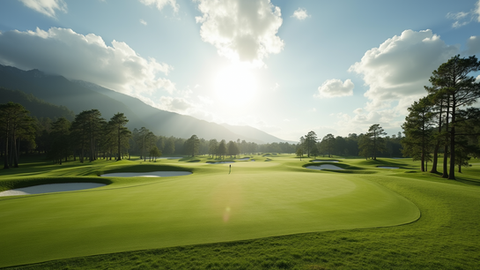 A golfer enjoys a serene day on the lush green golf course, surrounded by towering trees and picturesque mountains under a bright, clear sky.