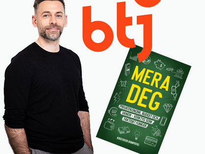 bok mera deg man privatekonom i svart tröja och btj logga