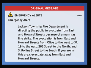 An image of an emergency alert issued for a gas leak in Indiana.