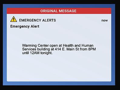 alert sent to notify people about a warming center that is open