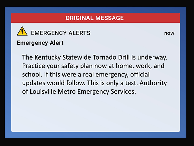 Emergency alert text about a Kentucky statewide tornado drill, urging safety plan practice at home, work, and school. Test only.