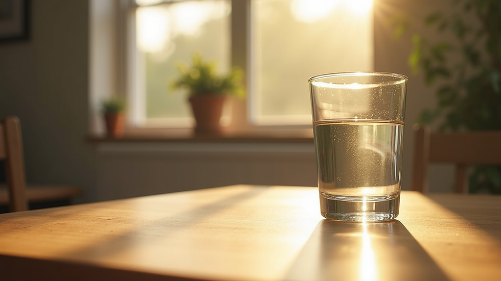 Eye-level view of a glass of water on a wooden table with morning sunlight